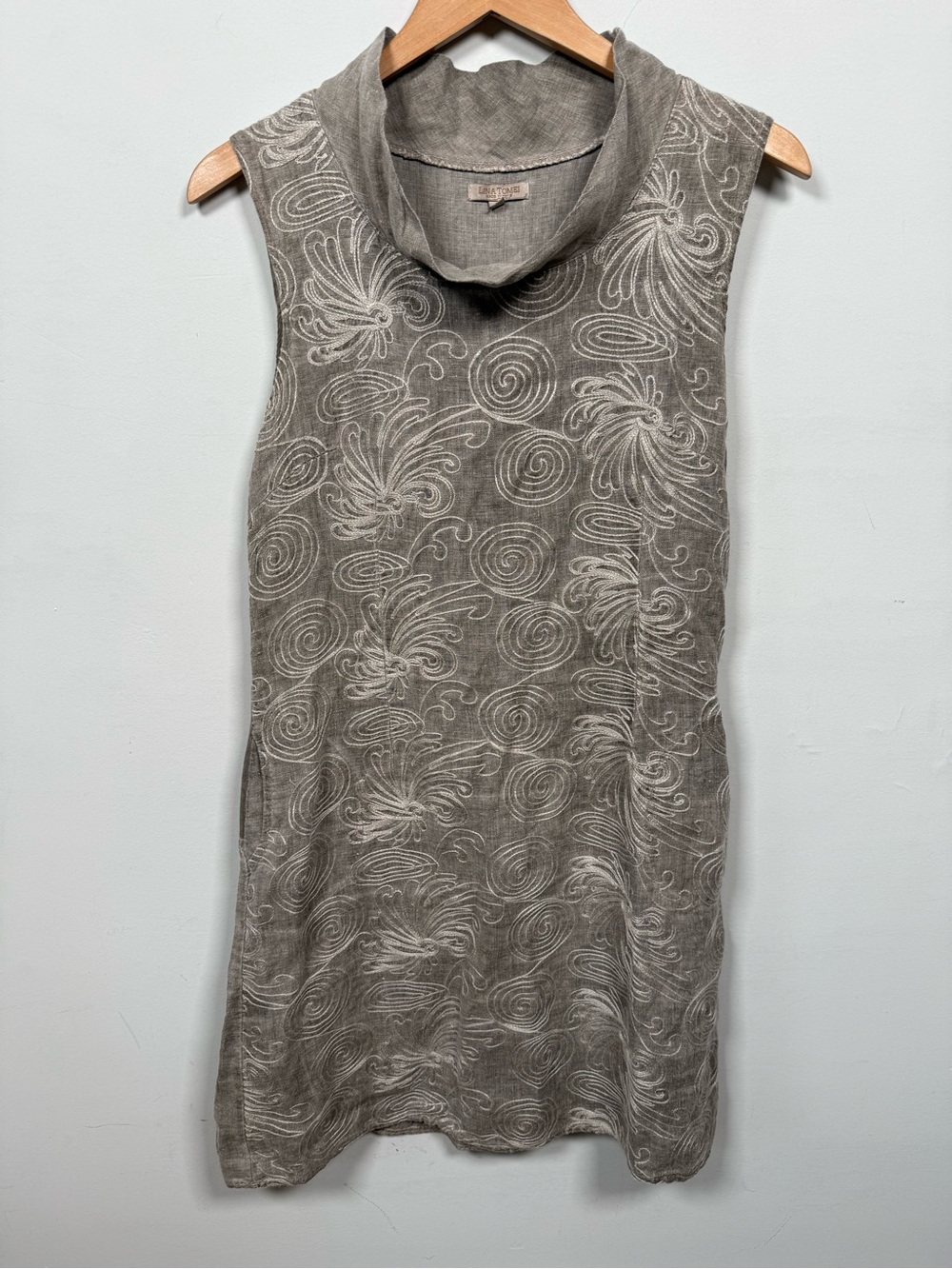 Lina Tomei Made in Italy Gray Embroidered 100% Linen Cowl Neck Shift Dress Sz L